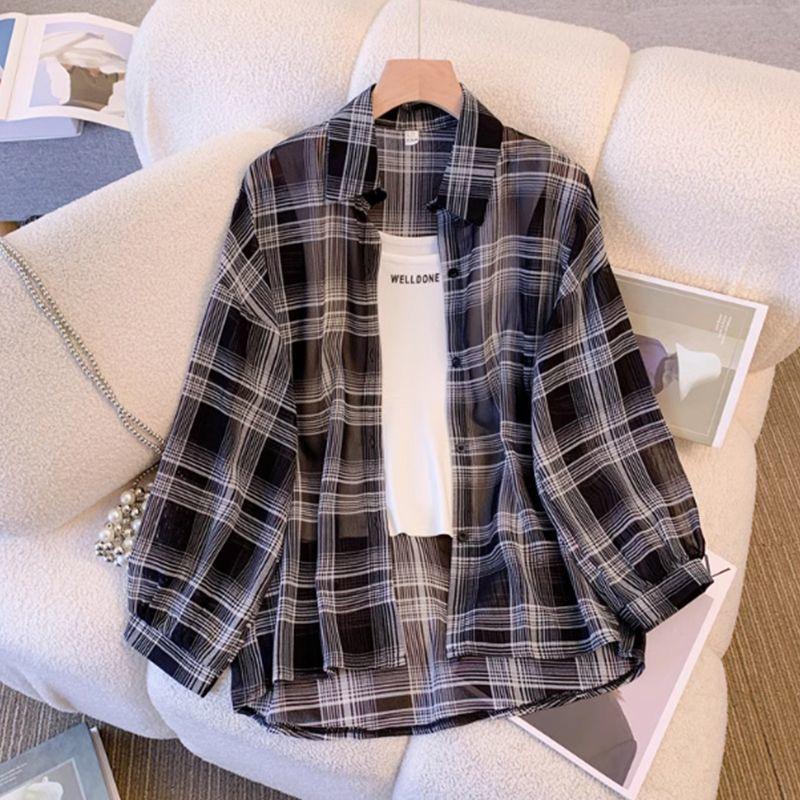 Summer Womens Lightweight Checkered Shirt Long Sleeve Open Front Cover Up Blouse Thin Breathable Top