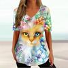 Футболка женская с принтом «Кошка» с принтом тай-дай, модная, с коротким рукавом, женская одежда, летние свободные топы с V-образным вырезом, женские повседневные футболки