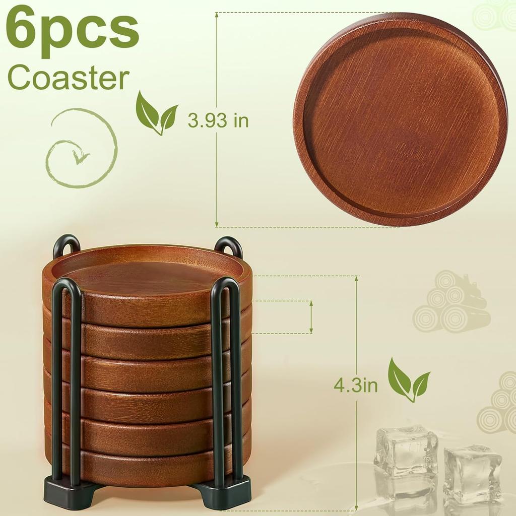 Set of 6 Wooden Coasters With Holder - Coffee Table Coasters for Drinks, Modern Home Decor, Dining Table Decorative Set, Cute Beer Bar Rustic Outdoor