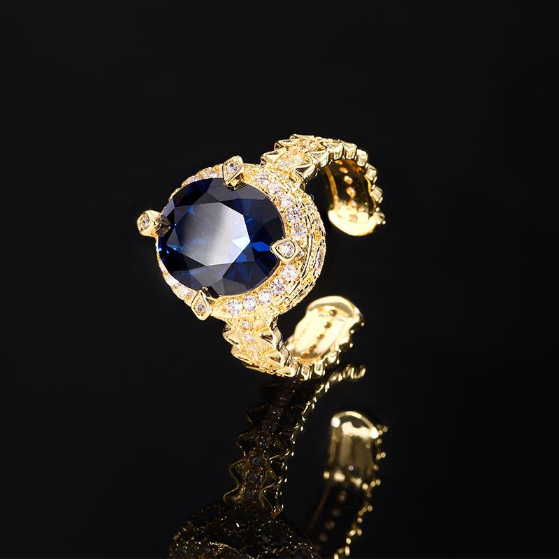 Медное покрытие Золото Ювелирные изделия Винтаж Кольцо Циркон Кристалл Зеленый Цирконий Королевский Синий Открытое Кольцо Мода Мода Женская