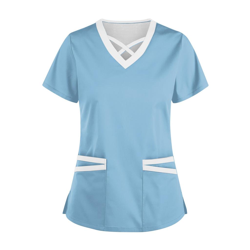 Women's Fashionable V-Neck Short-Sleeved Work Clothes With Drawstrings And Pockets Color Matching Tops And Protective Clothing