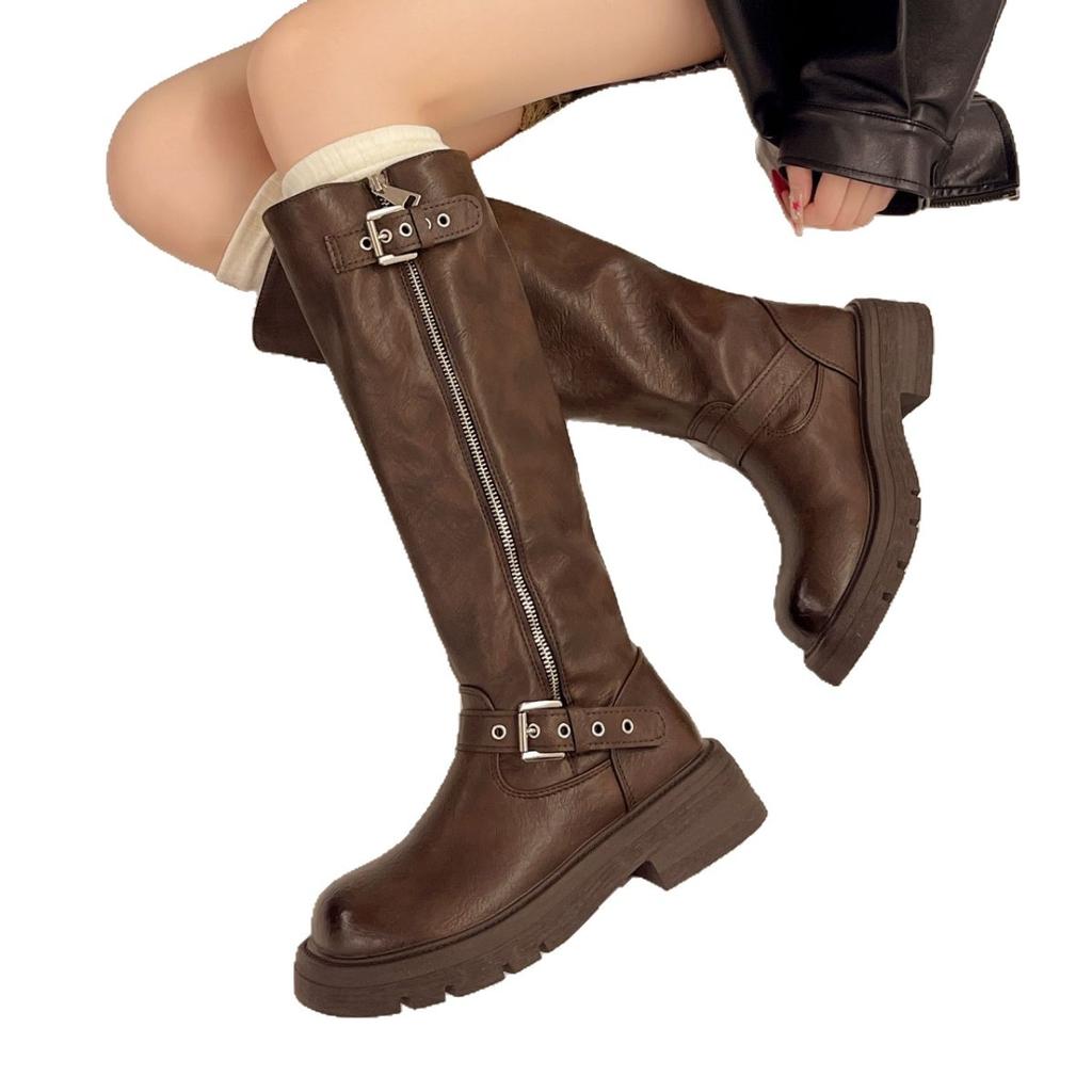 Универсальные простые рыцарские сапоги женские 2025 осень и зима новые модели ботфорты круглый носок средний каблук ботинки Мартин из натуральной кожи женские б