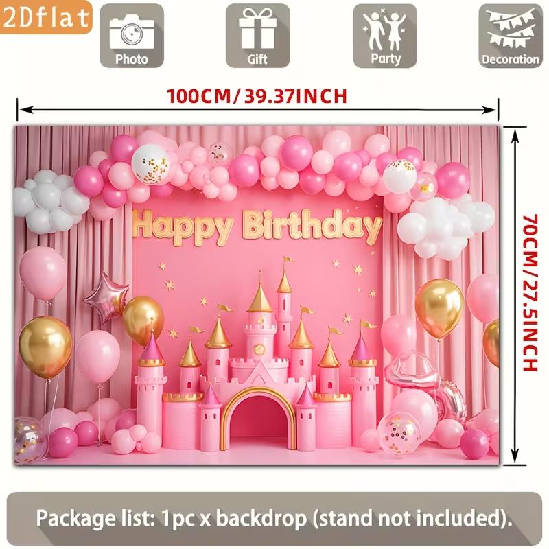 2D Pink Castle Happy Birthday Party Backdrop Princess Balloon & Curtain Photography Background