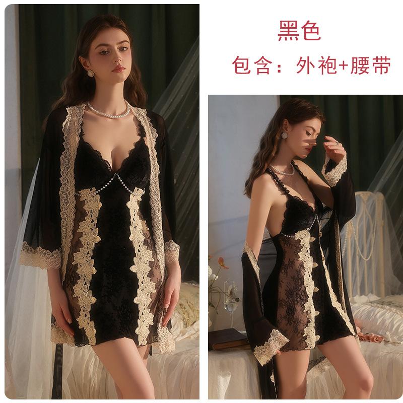 Women's Velvet Lace Strap Push Up Padded Sleep Dress with Robe Lounge Set