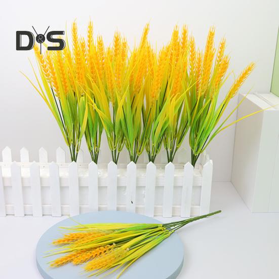 7 Forks Artificial Wheat Ears Rice Plant Bouquet Realistic Simulated Non Water Needed Easy To Care Indoor/Outdoor Decor