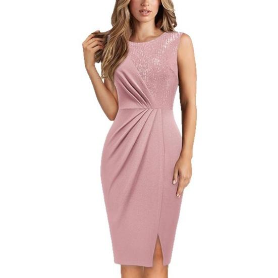 Женское платье бодикон с пайетками, без рукавов, с круглым вырезом, миди, с разрезом, плиссированное, вечернее