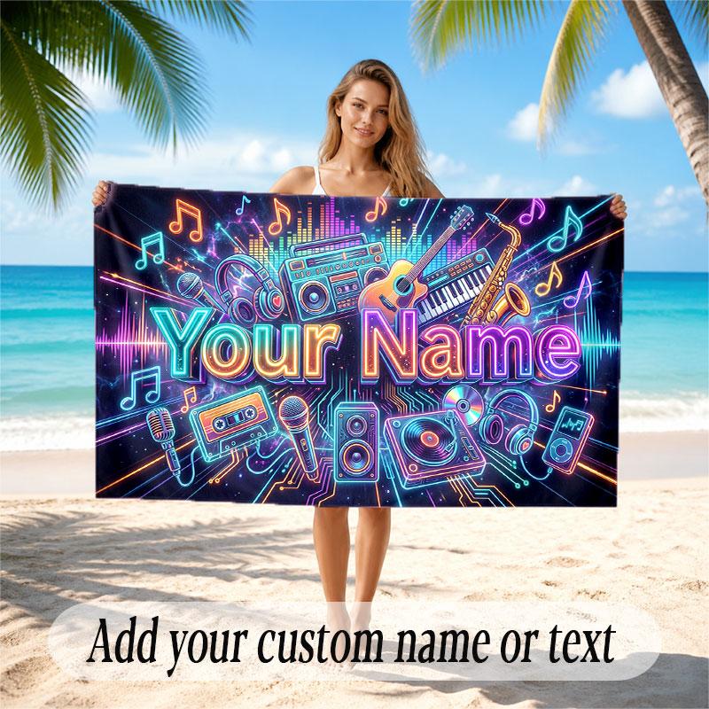Music General Theme Beach Towel Personalized Custom Name & Text Soft Quick Dry Beach Towel for Swimming Travel