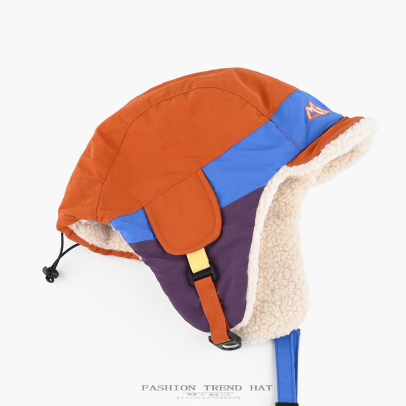 Color-Block Fleece Hat Men Women Winter Warm Ear Protection Beanie With Short Brim