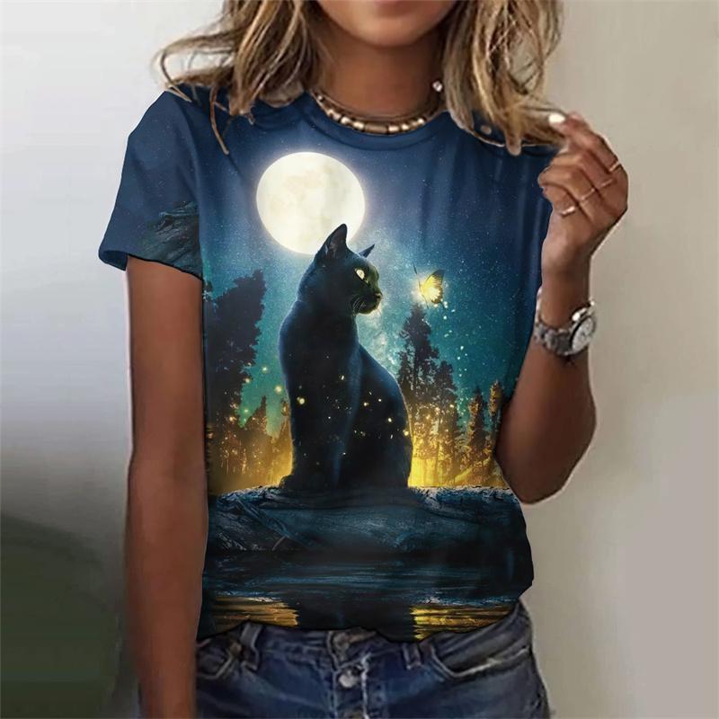 Футболка с принтом 3D Night Cat для женщин, красочные футболки с рисунком звездного неба, летние повседневные футболки с короткими рукавами и круглым вырезом