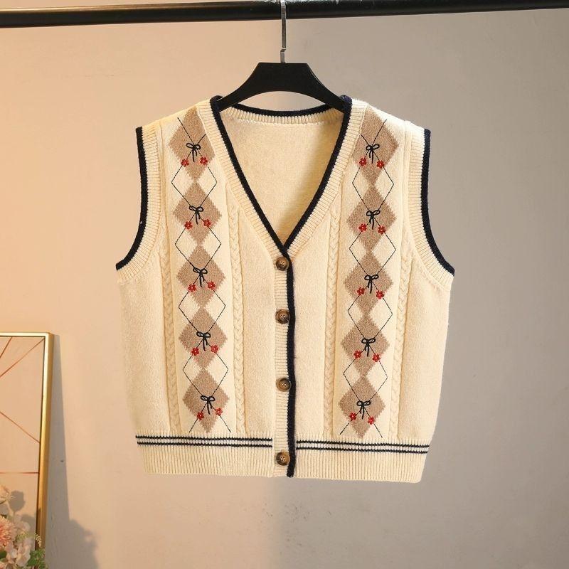 Женский вязаный жилет, кардиган с V-образным вырезом и ромбовидным узором, вышитый жилет, свободный жилет для женщин на весну и осень