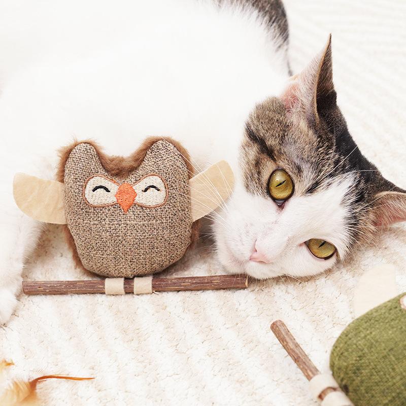 Natural Catnip Owl Cat Toy Plush Chew Teaser with Feather and Wooden Stick Interactive Indoor Kitten Toy 1/2/4PCS