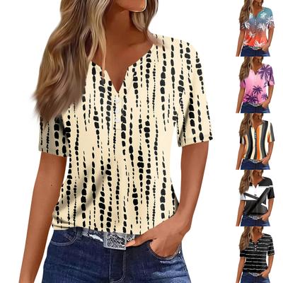 Женская повседневная футболка с короткими рукавами, V-образным вырезом и декоративными пуговицами