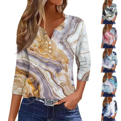 Жен. Футболка Футболка С принтом Пуговицы Рукав 3/4 Повседневные Выходные Мода Классический Классический V-образный вырез Обычный Верх