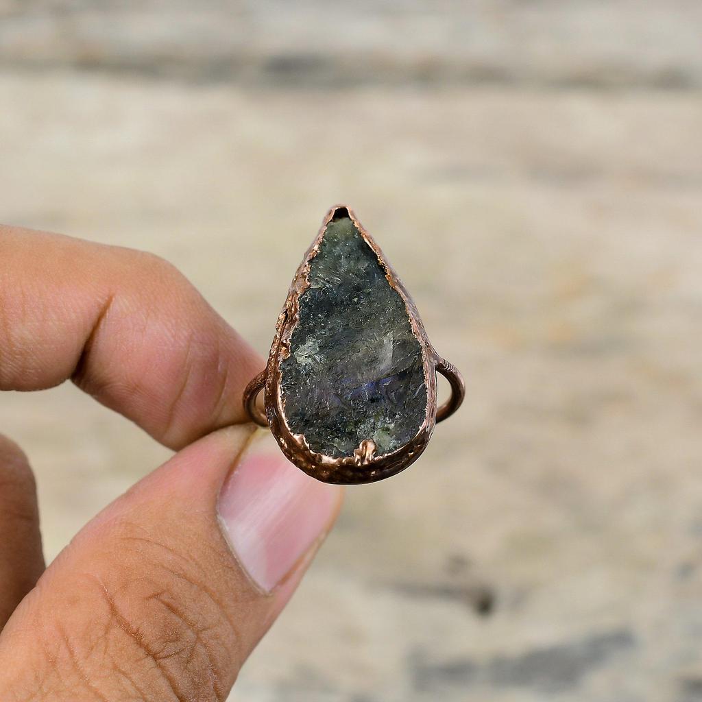 Кольцо из лабрадорита, гальванопластическое медное кольцо, регулируемое кольцо, ювелирные изделия ручной работы, изящное кольцо из драгоценных камней, гальванопластическое медное ювелирное изделие для подарка