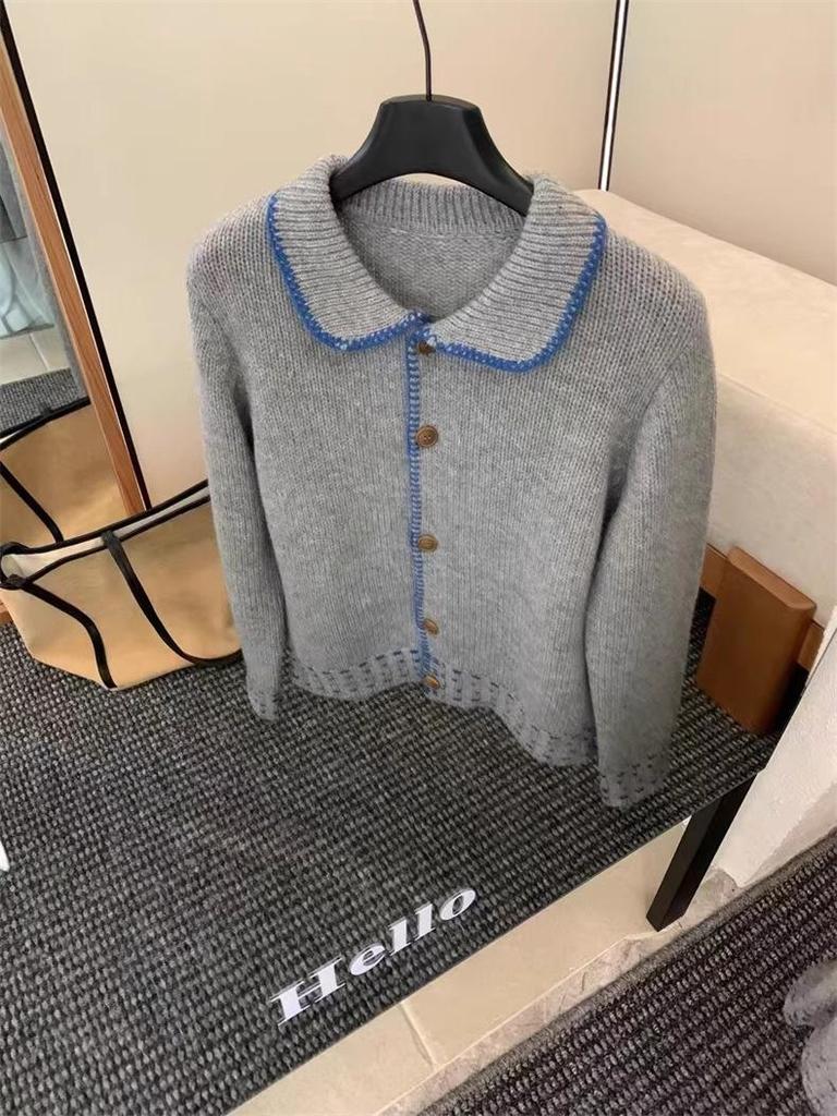 Женский кардиган в корейском милом стиле с цветными блоками - отложной воротник, приталенный, однобортный вязаный свитер на весну/осень