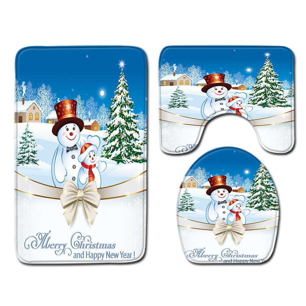 Christmas Home Shower Curtain Polyester Cloth Four-Piece Toilet Floor Mat Bathroom Non-Slip Door Mat Bedroom Carpet