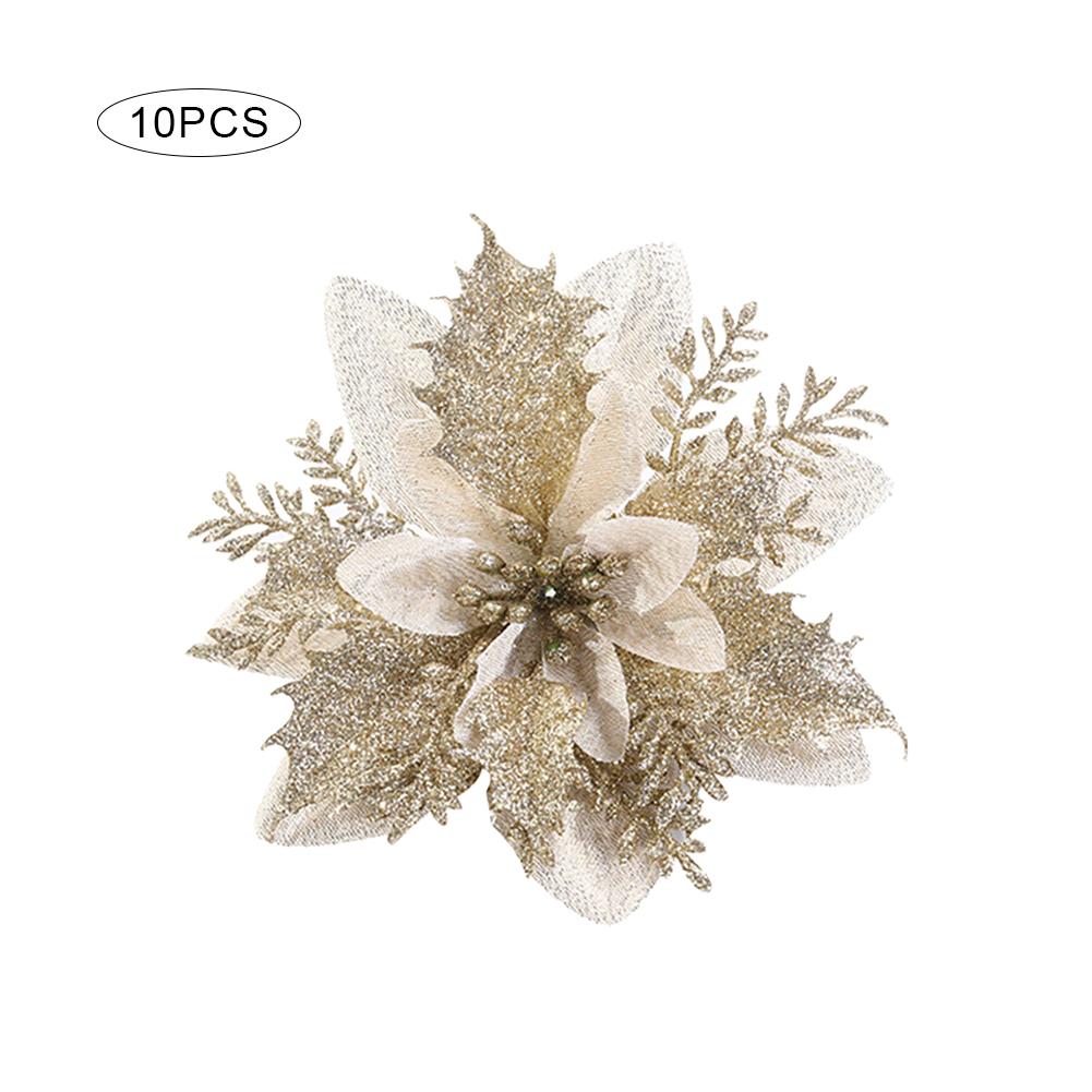 10pcs Artificial Flowers Christmas Glitter Fake Flower Tree Hanging Decoration Xmas Party Tree Ornaments Wedding Silk Flower