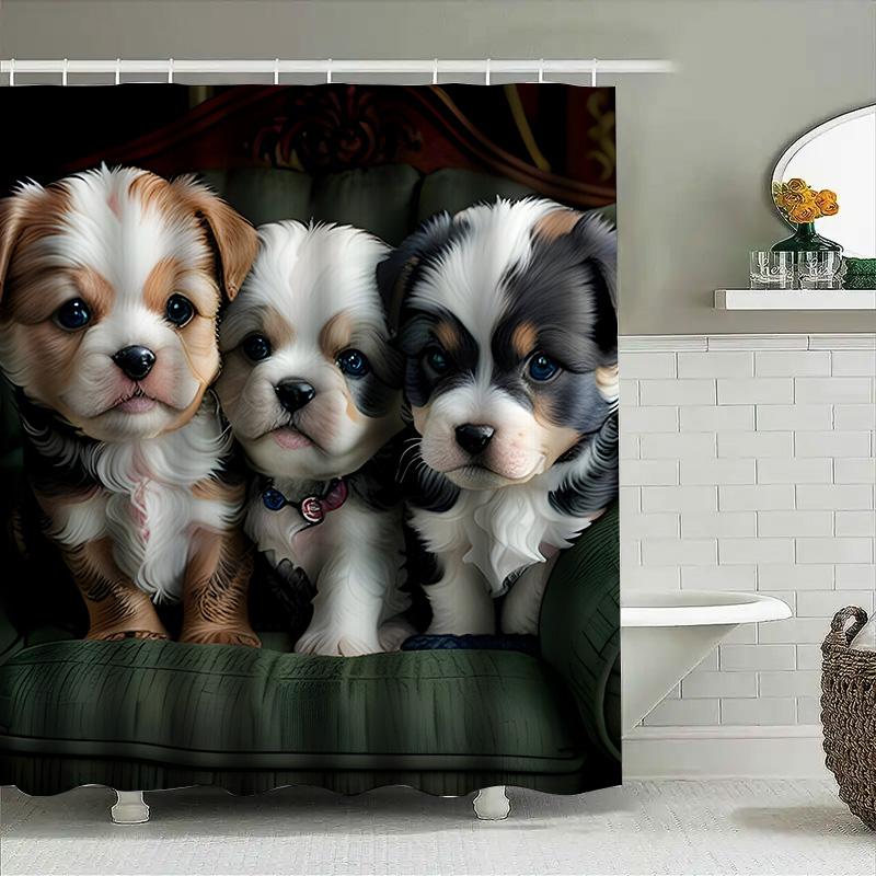 3D HD Принт Милые Щенки Занавеска для Душа Роскошная Водонепроницаемая Дизайн с Домашними Животными Декор для Ванной Комнаты Зеленый Фон с Диваном (Размер: 180см х 259см