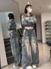 Harajuku 90s Y2k Vintage Baggy Jeans Women Grunge Washed Multiple Pockets Denim Cargo Pants Low Rise Casual Wide Leg Trousers