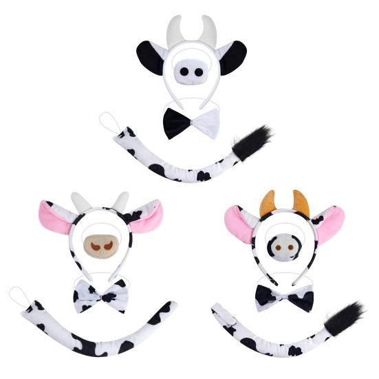 Набор обручей для волос с коровьими ушами и сгибаемым хвостом для взрослых и подростков, костюм фермерского животного, черно-белые коровьи аксессуары