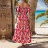 Женское пляжное платье с открытыми плечами Красочный цветочный принт трапециевидной формы в стиле пэчворк Свободный подол с гофрировкой на спине с короткими рукавами Летние каникулы Стиль миди-платья