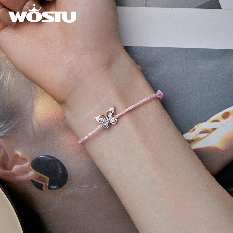WOSTU Стерлингового Серебра 925 пробы, милые розовые браслеты с подвесками в виде бабочки для женщин, полые насекомые, циркон, звено цепи для девочек, украшения на день рождения