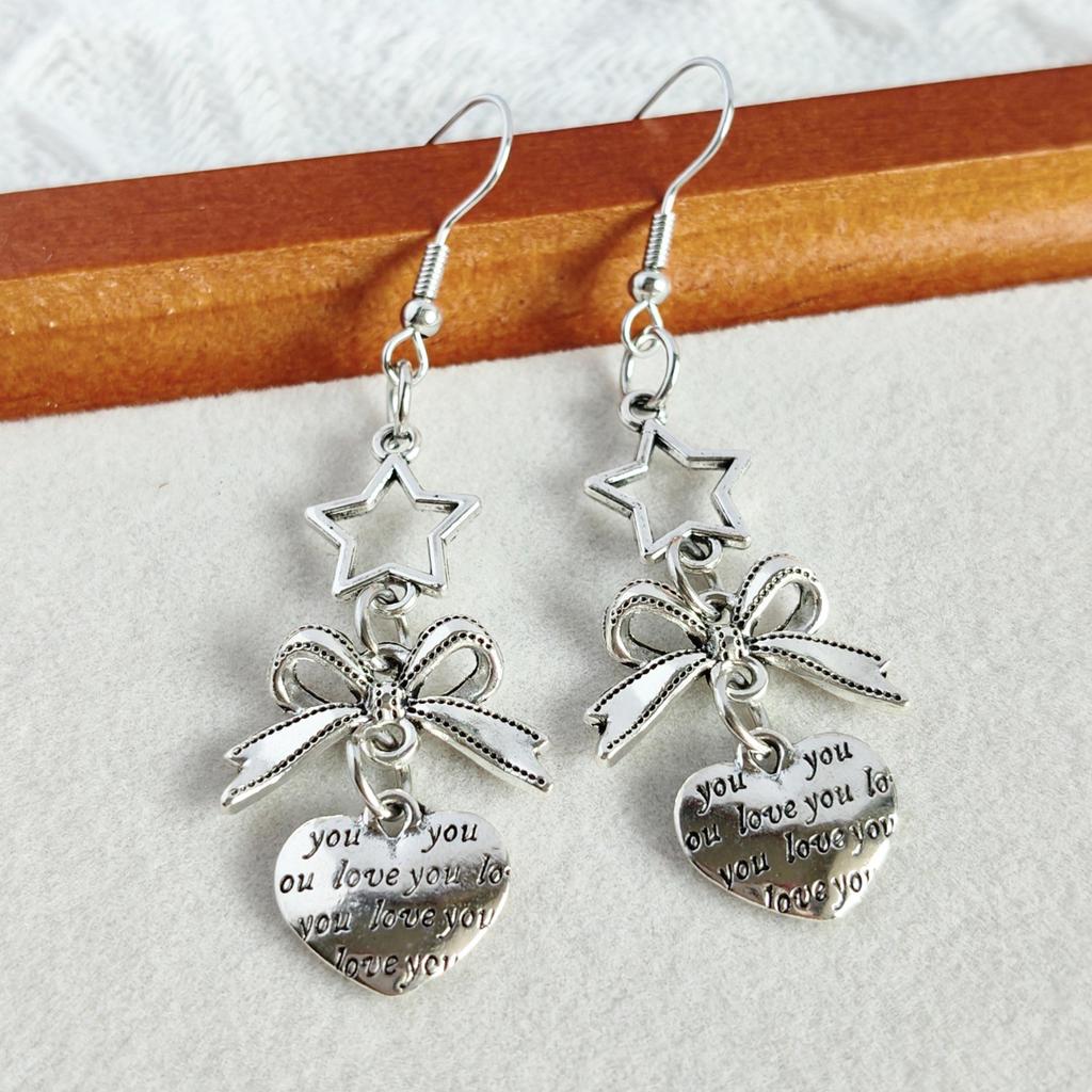 Niche Five-Pointed Star and Bow Heart Dangle Earrings