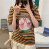 Vintage Cartoon Print Stripe Casual Loose Basic T Shirt 2025 Summer Short Sleeve Simple T-shirts for Women Harajuku Kawaii Funny Student Tshirt