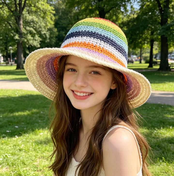 Unisex Summer Paper Sun Bucket Hat Checked Rainbow Gradient Silk Screen Printed Beach Vacation Ribbon