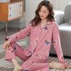 Большой размер женский пижамный комплект хлопковые брюки с длинными рукавами студенческая домашняя одежда из двух частей кардиган с отворотами женский пижамный комплект