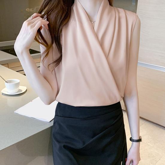 Рубашка с v-образным вырезом без рукавов, однотонный пуловер, топы, свободная атласная блузка с перекрестной оберткой