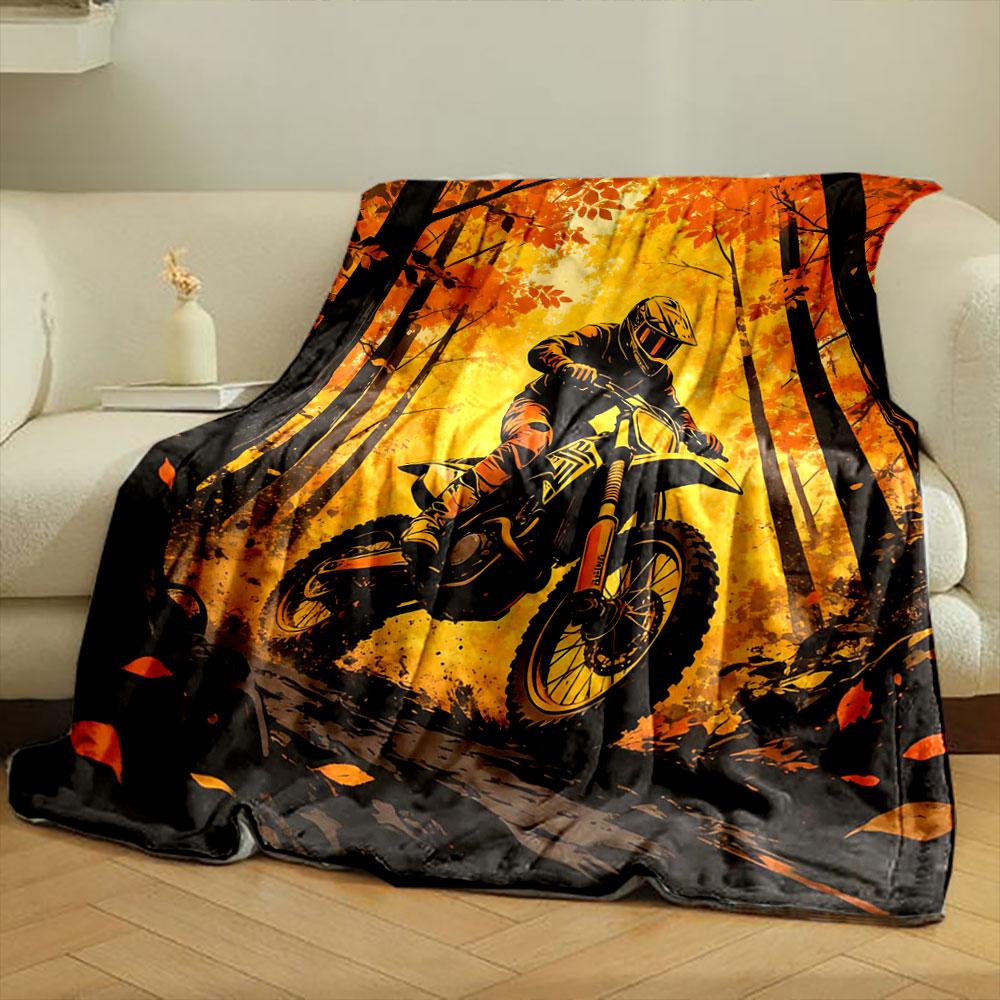 Watercolor Style Motocross Racing Print Blanket, Home Sofa Chairs Decor Blanket Motorcycle Lovers Gift Blanket Next Day Shipping
