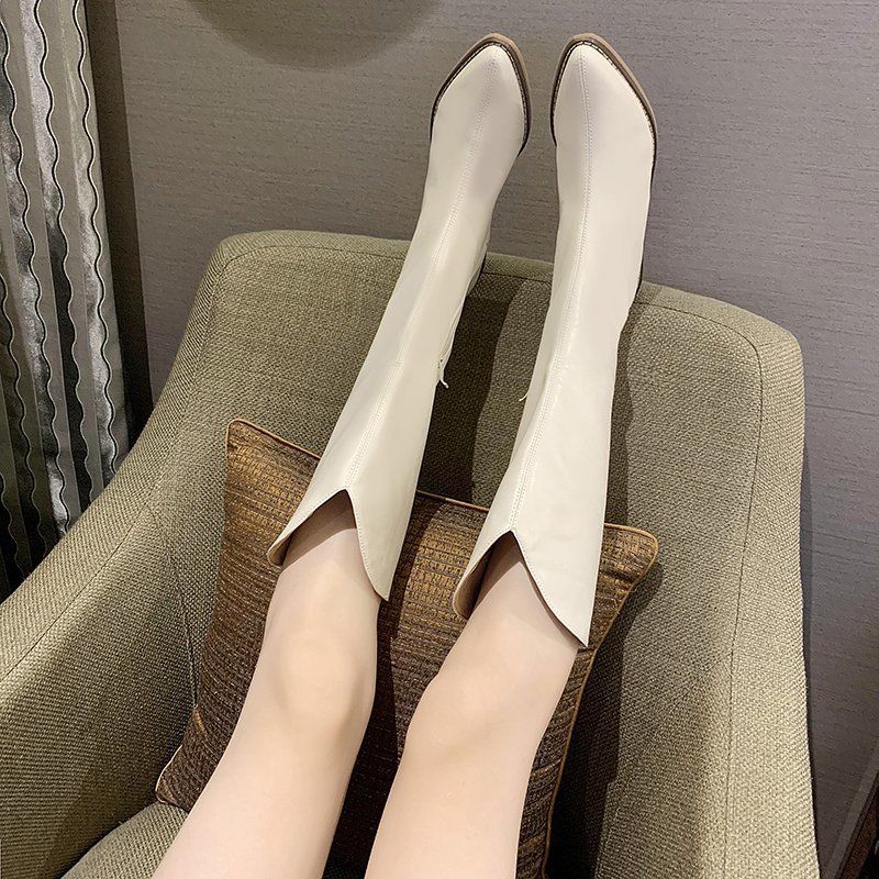 Long Tube Winter Ladies Boots White Retro High-heeled Thick Heel Women Long Boots High Tube
