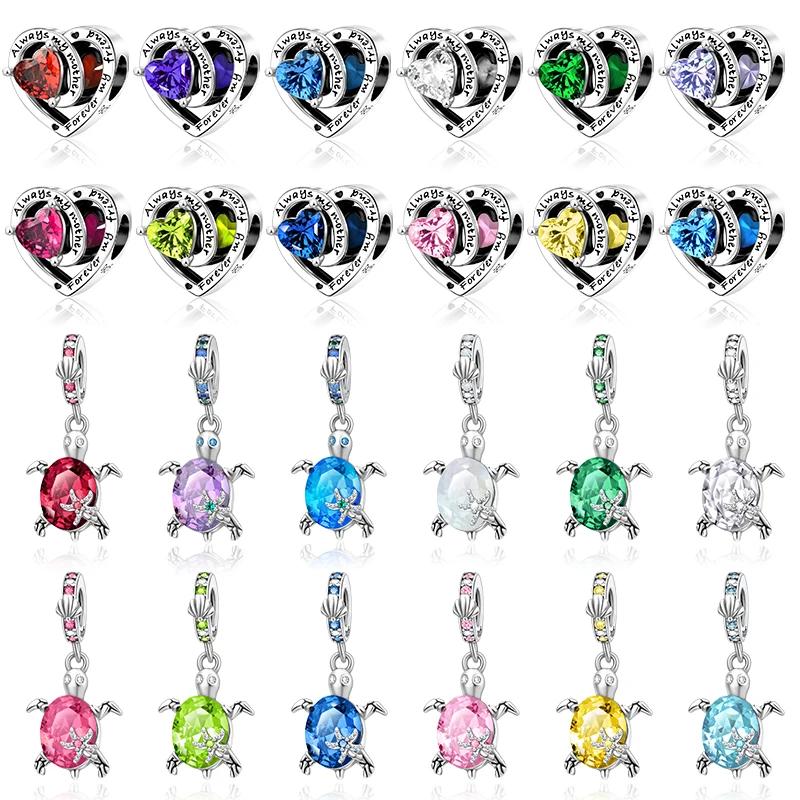 925 Silver 12 Months Birthstone Heart-shaped Beads Charms Fit Original Bracelet Charm Beads Necklace Diy Female Jewelry