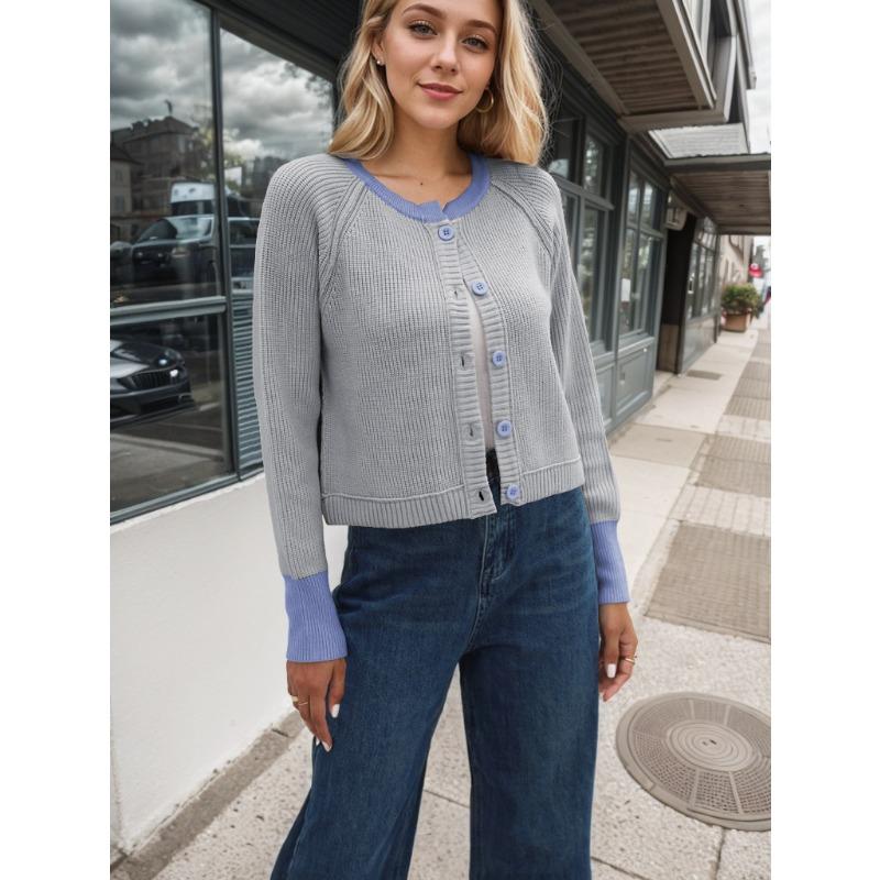 Autumn and Winter Sweater Women's Knitwear Fashion Round Neck Single Row of Buttons Colour Collision Knitted Cardigan Jacket
