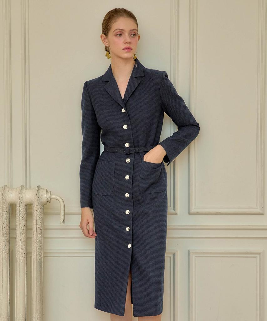 Julie And Kara 24 Fw Collar 99 Etoile Long Queen Dress Tweed Dress Navy