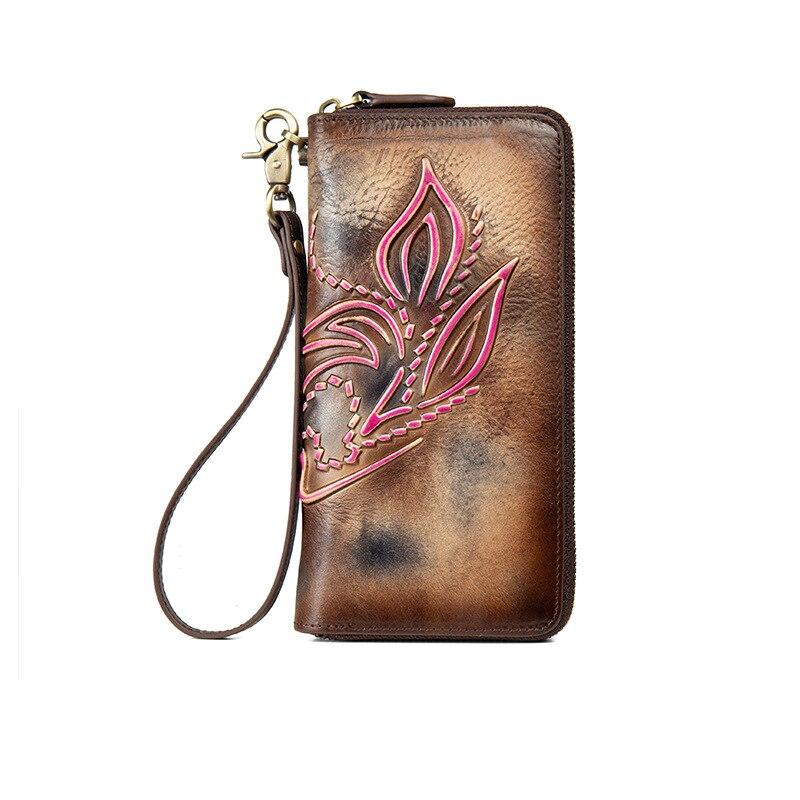 Johnature Женские кошельки из натуральной кожи в стиле ретро, ​​длинный ручной кошелек на молнии, ручной кошелек с держателем для карт, кошелек для телефона из воловьей кожи
