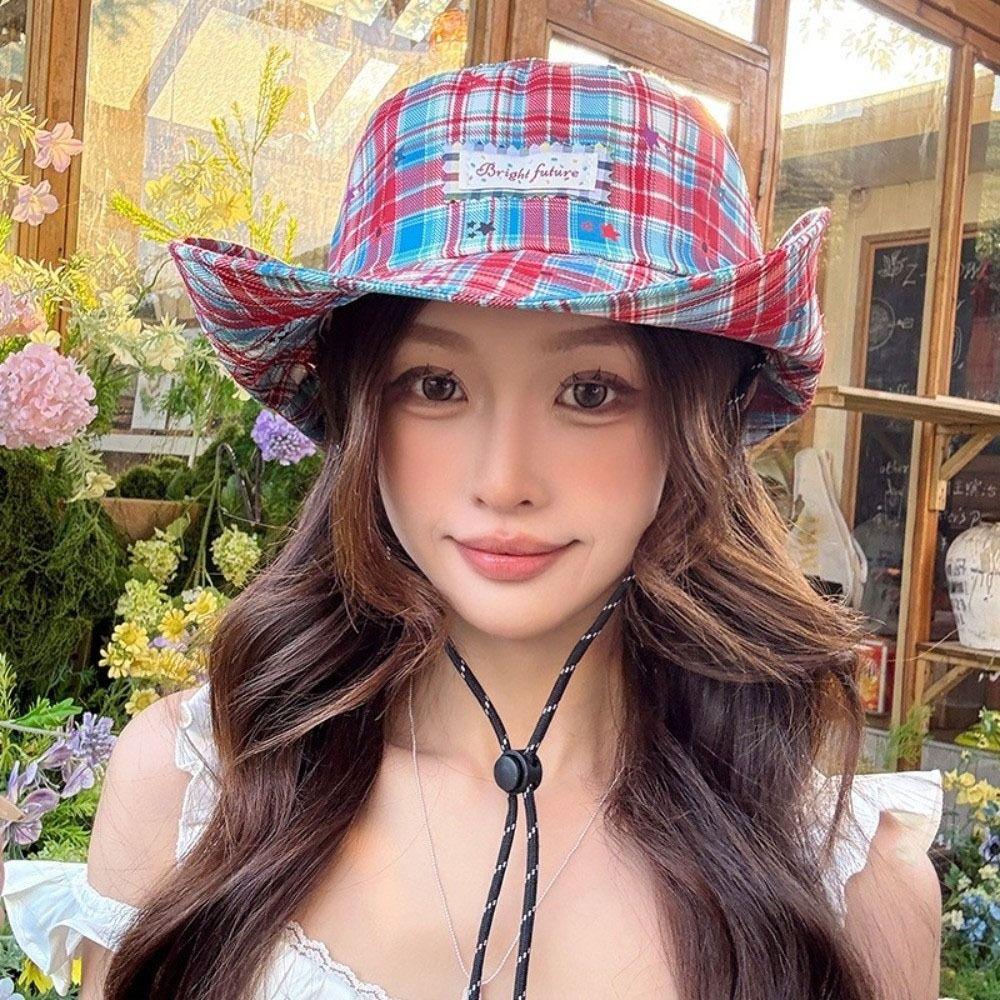 Portable Star Women Sun Hat Wide Brim Breathable Plaid Fisherman Hat Adjustable Sun Protection Sunscreen Bucket Hat Outdoor