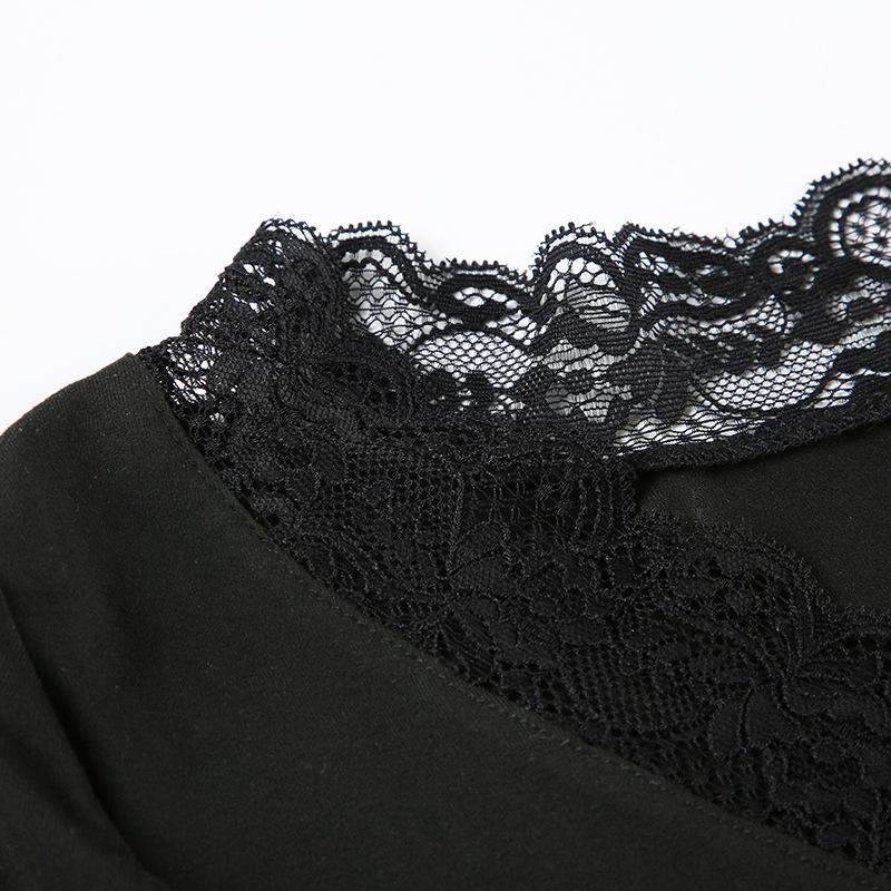 Европейская кружевная лоскутная футболка с длинным рукавом и V-образным вырезом