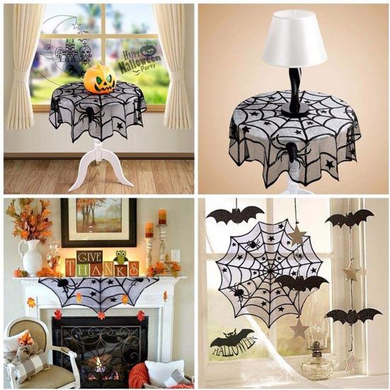 Halloween Tablecloth Decoration Black Lace Table Runner Round Spider Cobweb Table Cover Fireplace Mantel Scarf Lampshade Bat Wall Stickers for