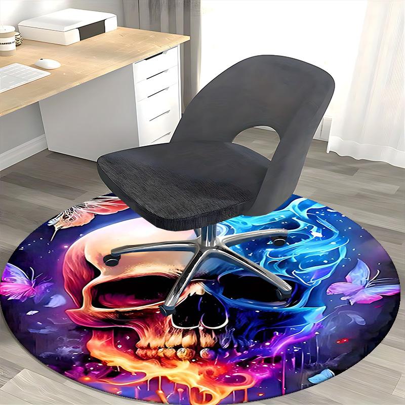 1pc Colorful Skull with Butterflies Round Carpet Anime Design Office Chair Mat, Non Slip Rug for Home Decor, Festival Gift, Office, Living, Bedroom