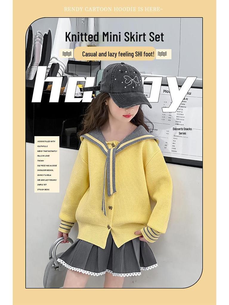 Girls' Korean Style Spring Chic Cardigan & Skirt Set 2025