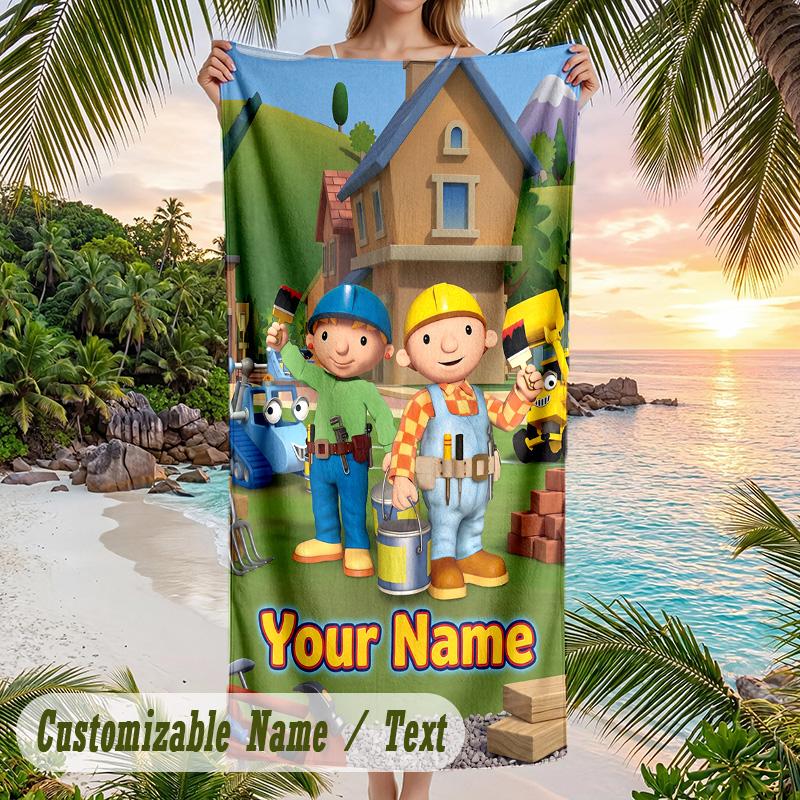 Bob the Builder Beach Towel, Personalized Custom Text, Quick Dry Soft Large Towel For Swimming Pool Travel