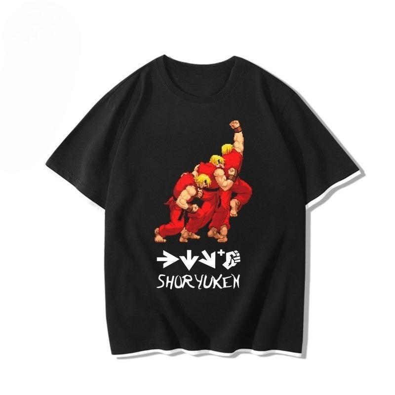 Men Ryu Ramen Noodle Print T Shirt Street Fighter Retro Japanese Anime Fighting Game Cotton Short Sleeve Casual Streetwear Tops