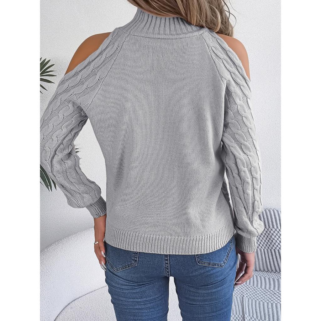 QICED Autumn and Winter Casual Twist Off-the-shoulder Semi-high Neck Long-sleeved Pullover Sweater Women's Wear