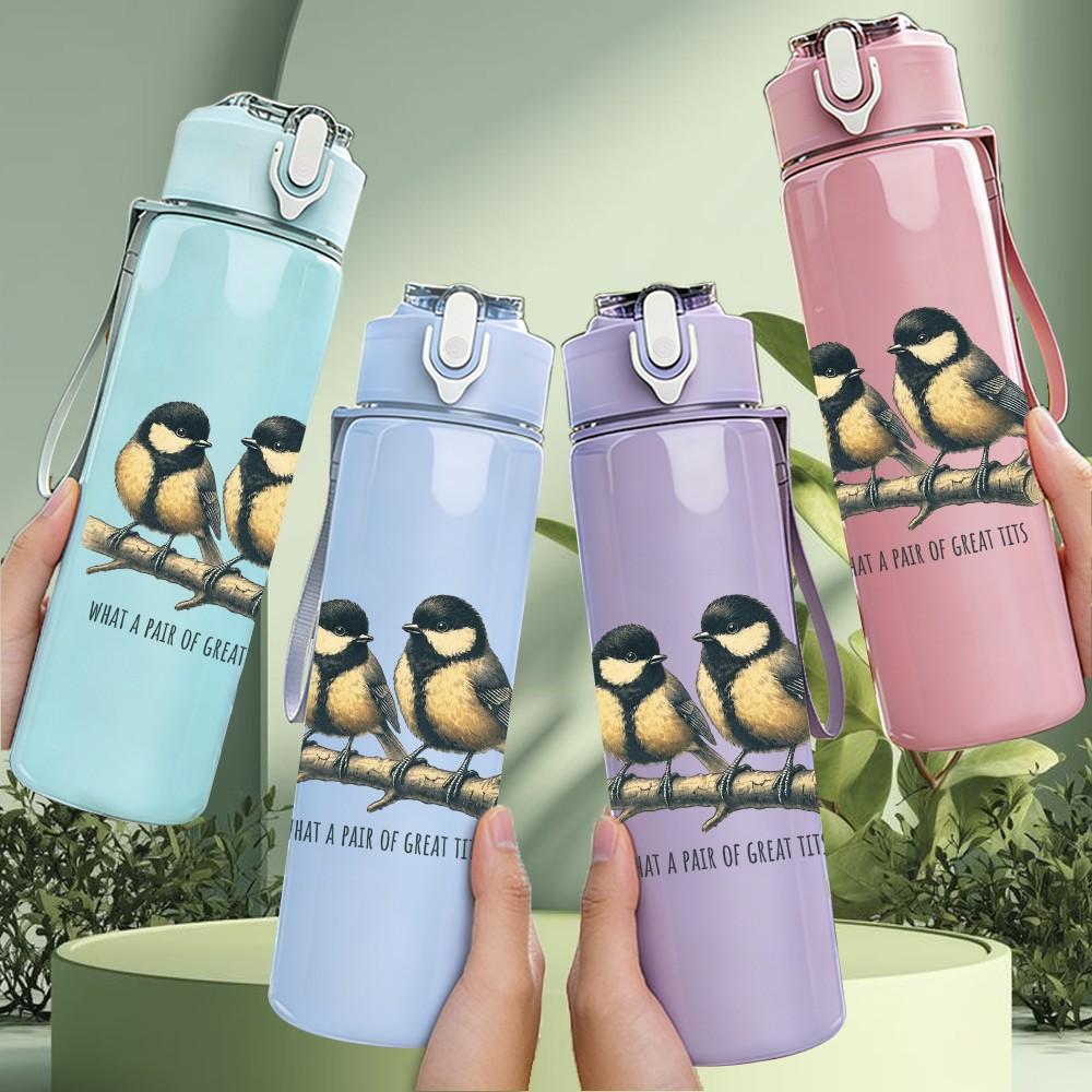 1PC Two Small Wild Birds Retro Print 750ml colorful plastic sports water bottle leakproof pop up lid with straw for outdoor work home use