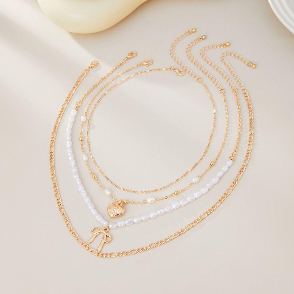 Crystal Multilayer Pendant Necklace Love Bowknot Y2K Metal Necklace Cool Beaded Necklace Daily