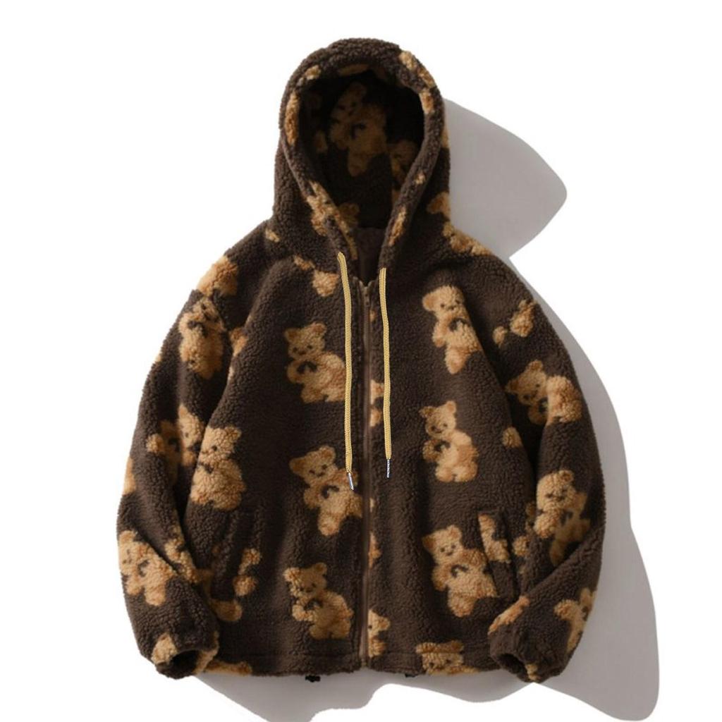 Autumn Winter Women's Hooded Plush Bear Printed Cartoon Sweater Women's Winter Warm Jacket Fleece Jacket