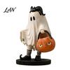 Handcrafted Resin Figures Cute Ghost Statue, Black Cat Holding Pumpkin Bucket Ornament, Statue Halloween Figurine for Home Holiday Party Table Mantel
