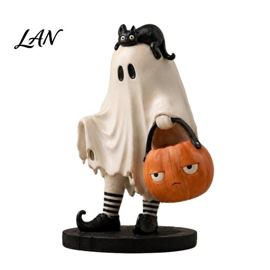 Handcrafted Resin Figures Cute Ghost Statue, Black Cat Holding Pumpkin Bucket Ornament, Statue Halloween Figurine for Home Holiday Party Table Mantel
